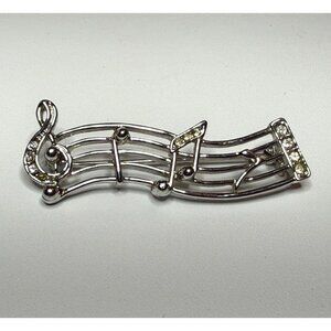 Vintage Silver-Tone and Clear Rhinestone Musical Score Brooch Treble Clef